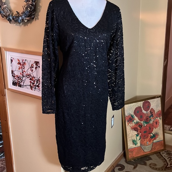 MARINA Size 20W Black Sequin Stretch Dual Layer VNeck Evening Party BlackTie NEW - Picture 12 of 16
